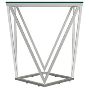 Mesa auxiliar geométrica Brittania con tapa de cristal cuadrada en níquel