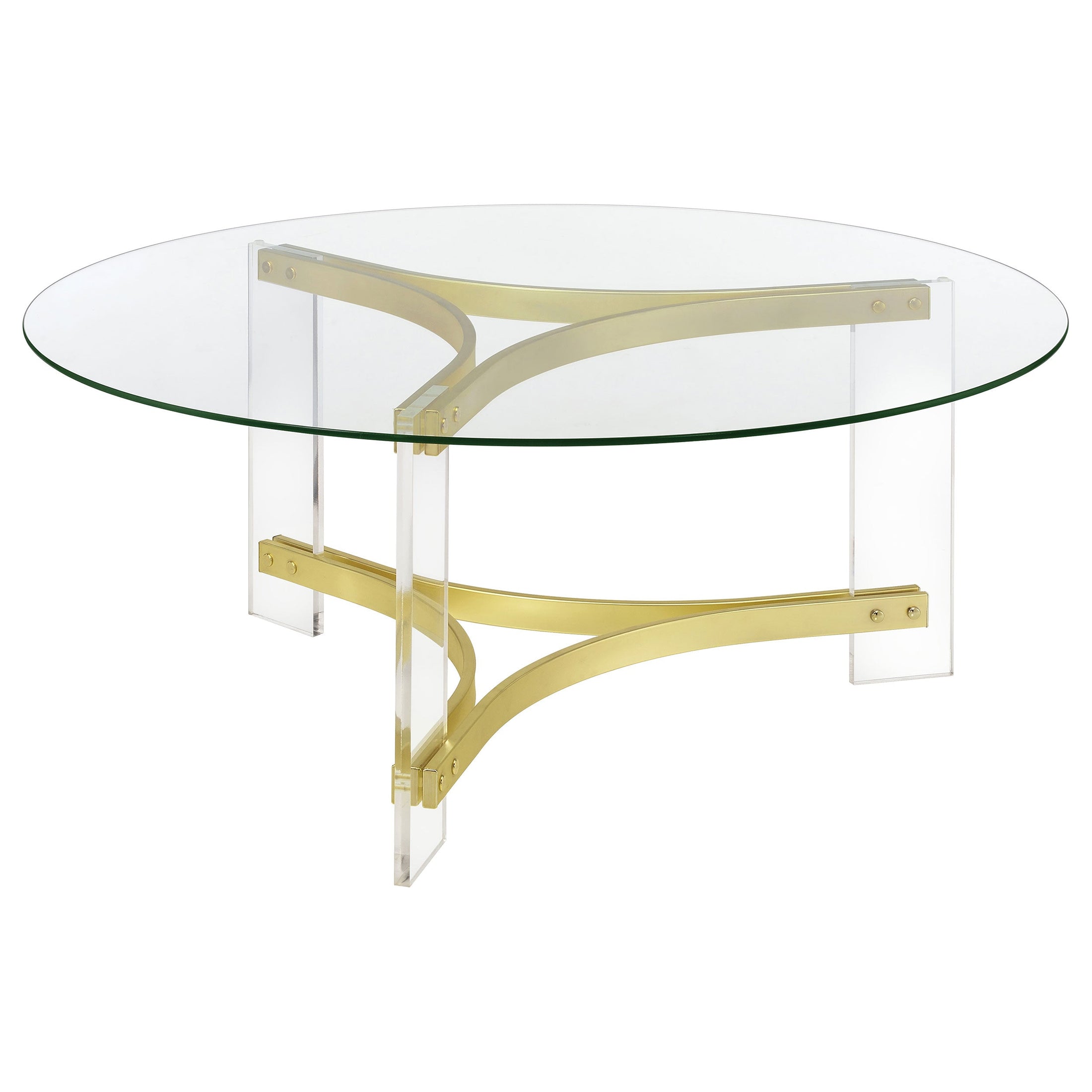 Mesa de centro Janessa redonda con tapa de vidrio y patas acrílicas, latón mate
