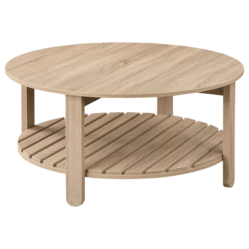 Mesa de centro redonda de madera de ingeniería Fowler de 1 estante, color natural
