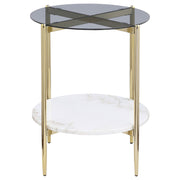 Mesa auxiliar redonda Jonelle con tapa de vidrio y estante de mármol blanco dorado