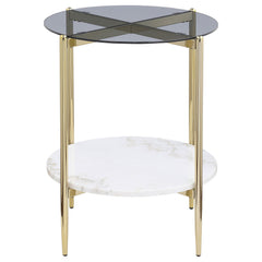Mesa auxiliar redonda Jonelle con tapa de vidrio y estante de mármol blanco dorado