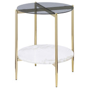 Mesa auxiliar redonda Jonelle con tapa de vidrio y estante de mármol blanco dorado