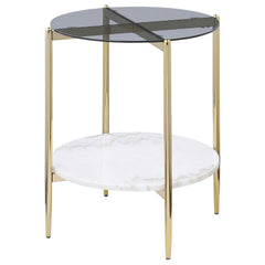 Mesa auxiliar redonda Jonelle con tapa de vidrio y estante de mármol blanco dorado