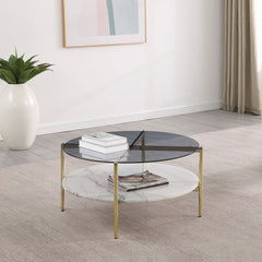 Mesa de centro redonda Jonelle con tapa de vidrio y estante de mármol blanco dorado
