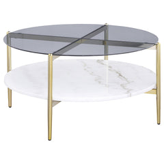 Mesa de centro redonda Jonelle con tapa de vidrio y estante de mármol blanco dorado