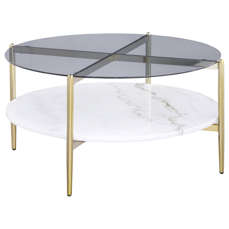 Mesa de centro redonda Jonelle con tapa de vidrio y estante de mármol blanco dorado