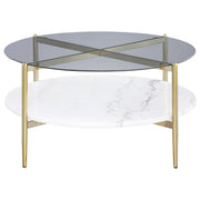 Mesa de centro redonda Jonelle con tapa de vidrio y estante de mármol blanco dorado