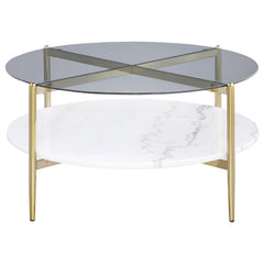 Mesa de centro redonda Jonelle con tapa de vidrio y estante de mármol blanco dorado