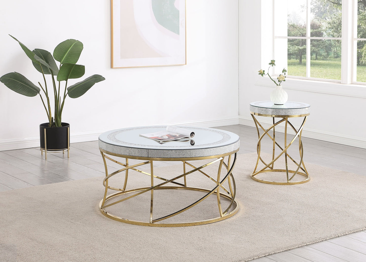 Elise Round Mirror Top Coffee and End Table Set Gold