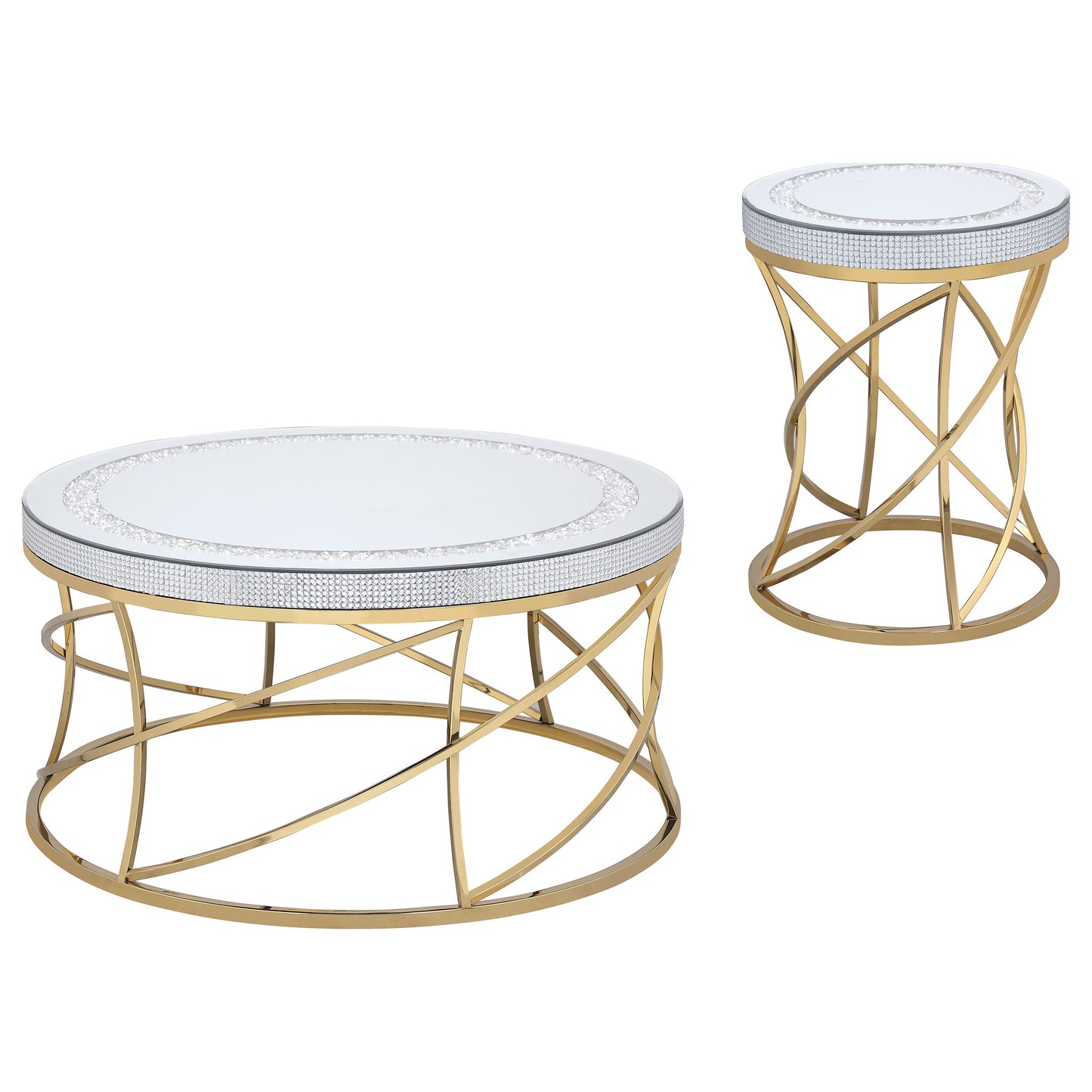 Elise Round Mirror Top Coffee and End Table Set Gold