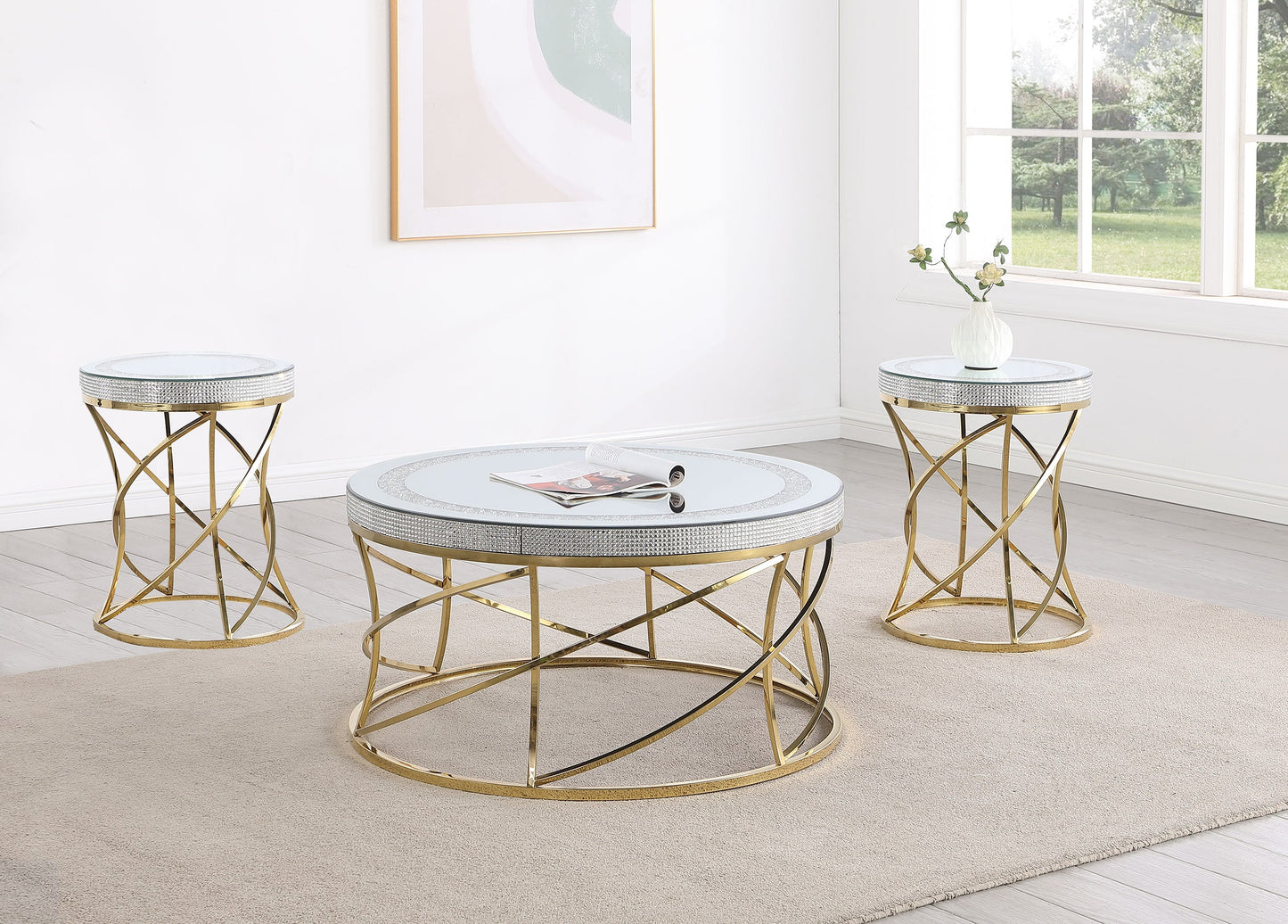 Elise Round Mirror Top Coffee and End Table Set Gold