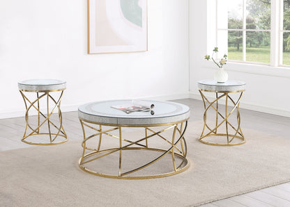 Elise Round Mirror Top Coffee and End Table Set Gold