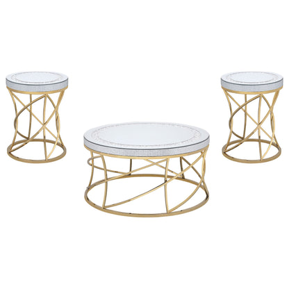 Elise Round Mirror Top Coffee and End Table Set Gold