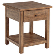 Mesa auxiliar de madera Payne con 1 cajón y estante, color marrón envejecido