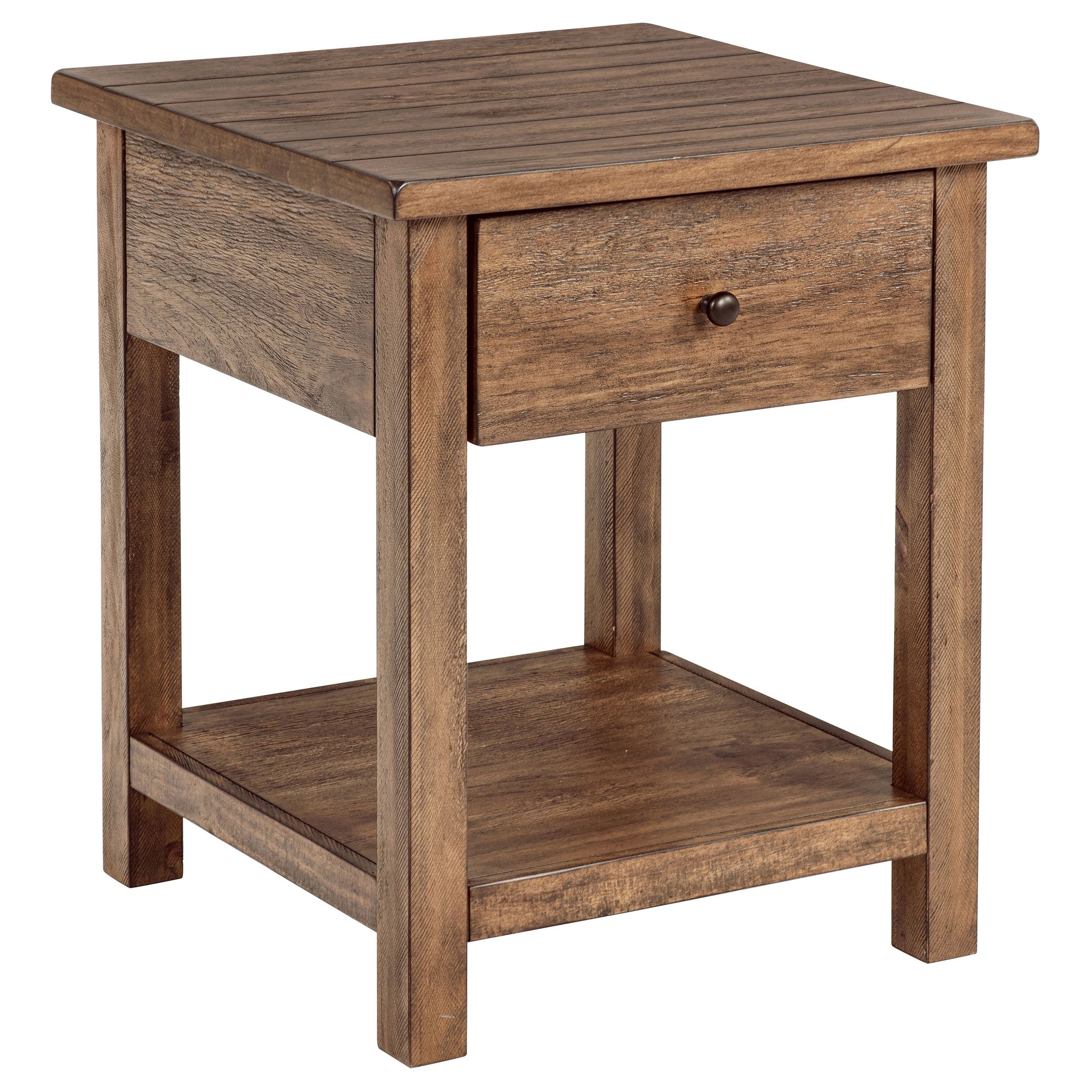Mesa auxiliar de madera Payne con 1 cajón y estante, color marrón envejecido