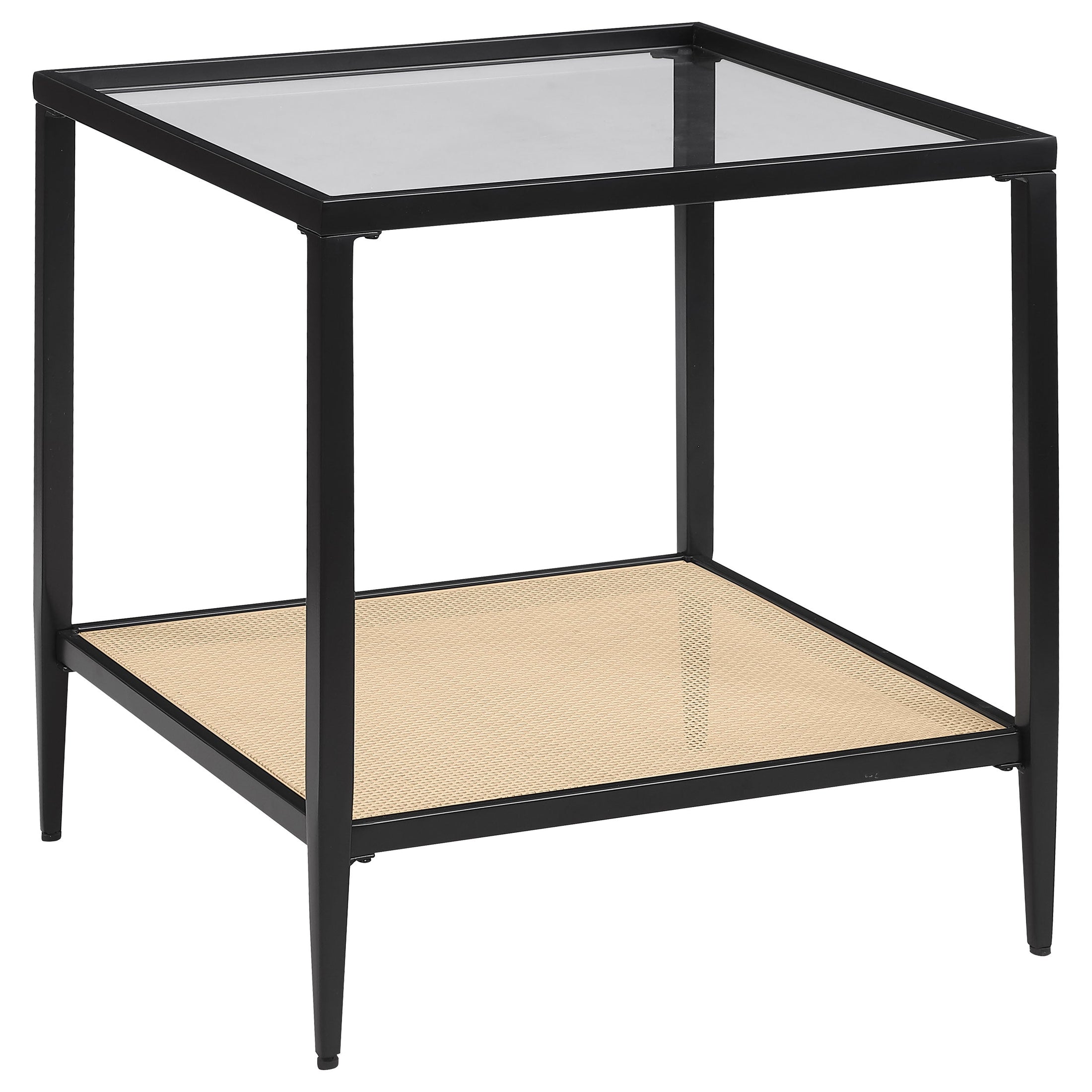 Mesa auxiliar Amherst de metal con tapa de vidrio y estante de caña, color negro
