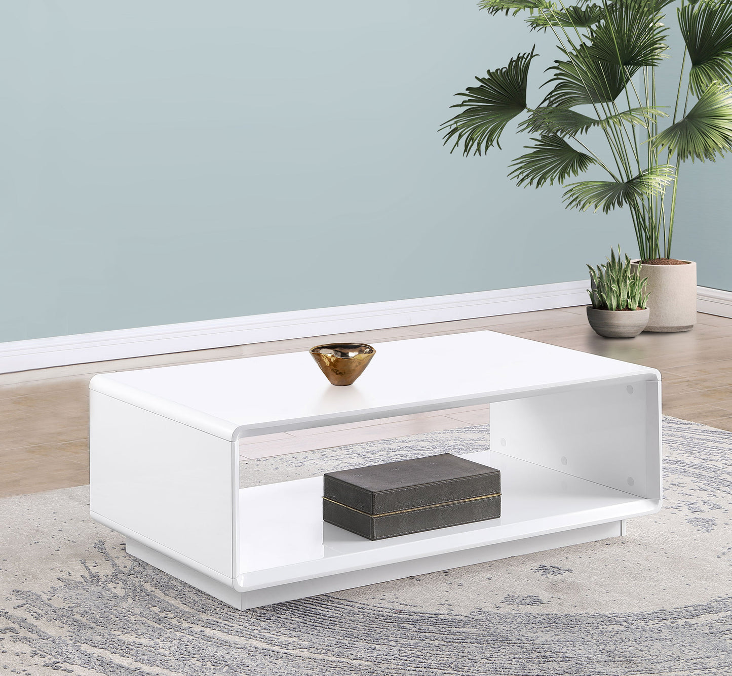 Mesa de centro rectangular para cóctel Paseo, blanca, de alto brillo