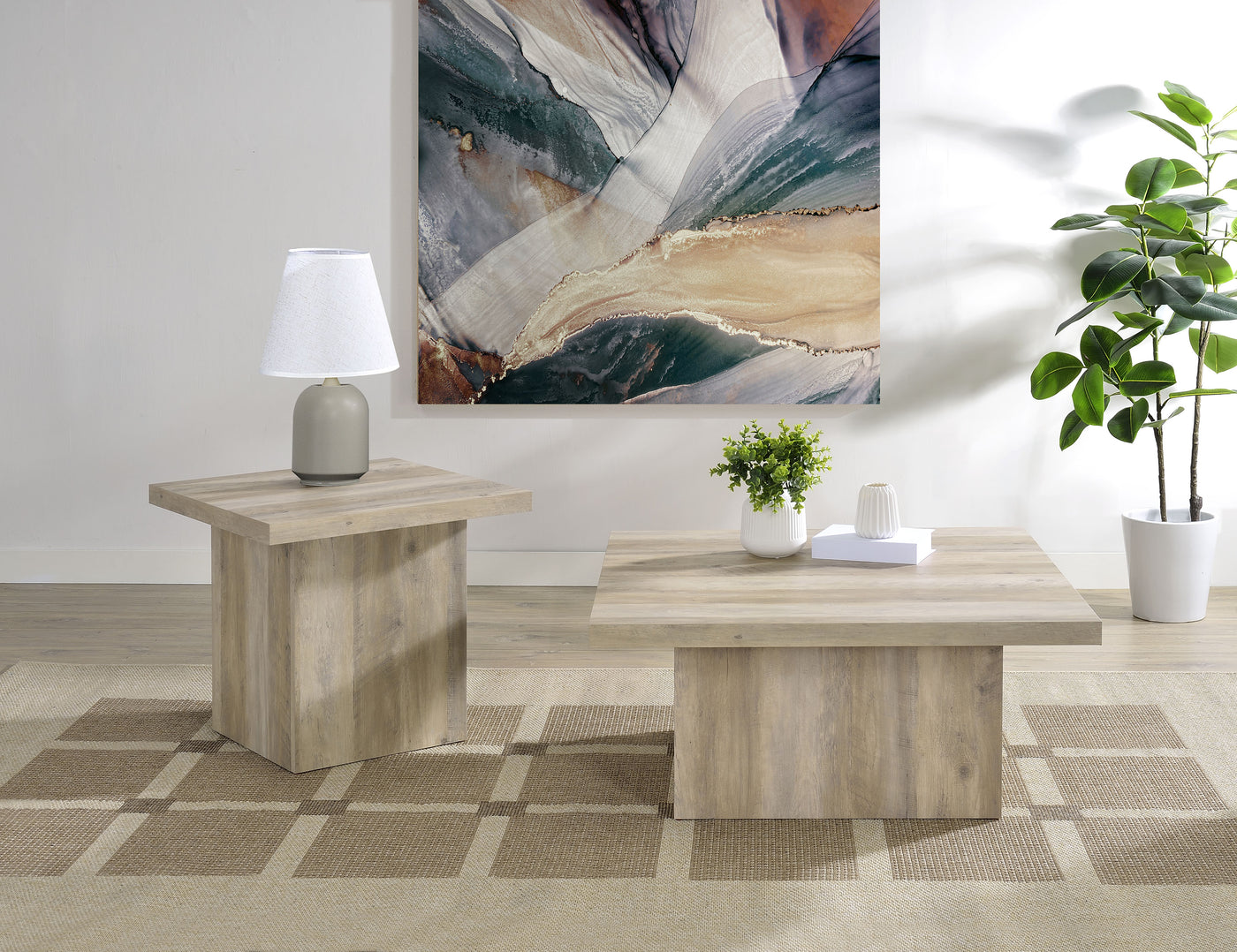 Devar Square Coffee End Table Set Distressed Pine