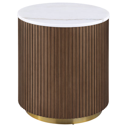 Jason Round White Marble Top Side End Table Honey Brown