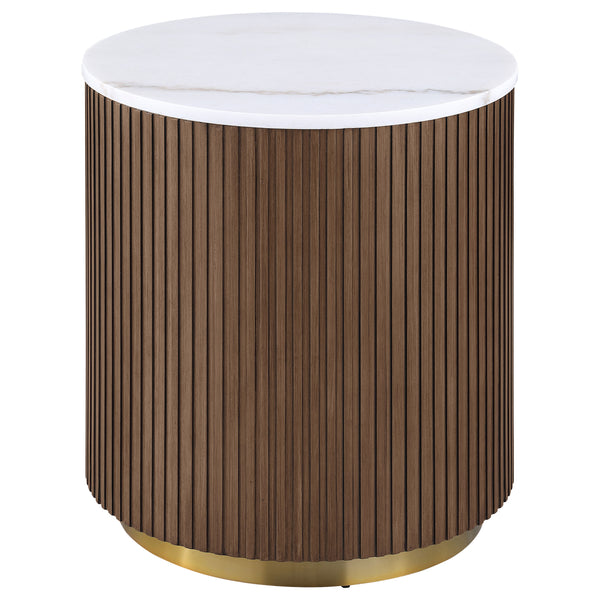Jason Round White Marble Top Side End Table Honey Brown