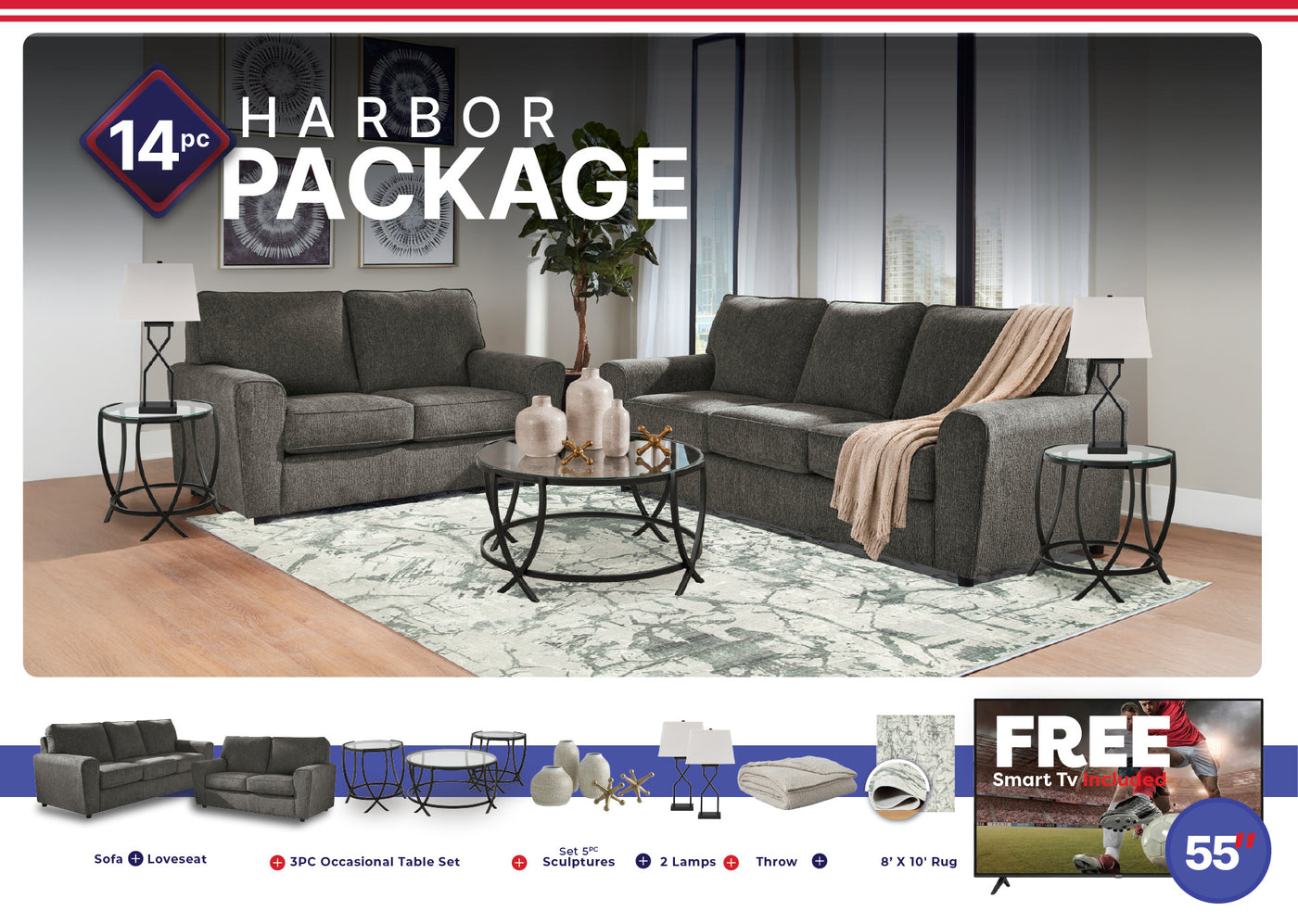 Twin Harbor Living Room 14PC Package in Granite