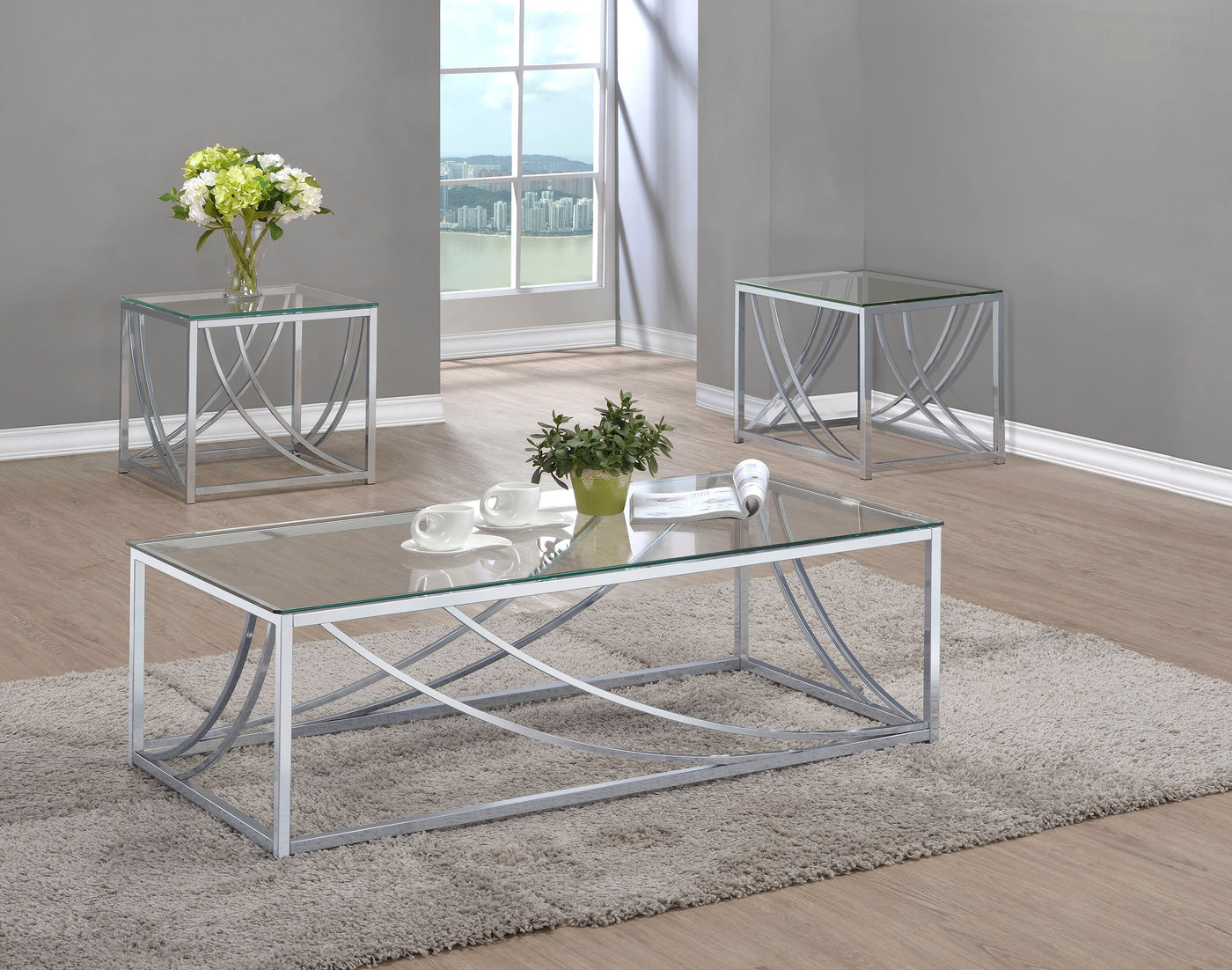 Juego de mesa auxiliar de café con tapa de cristal Lille, cromado