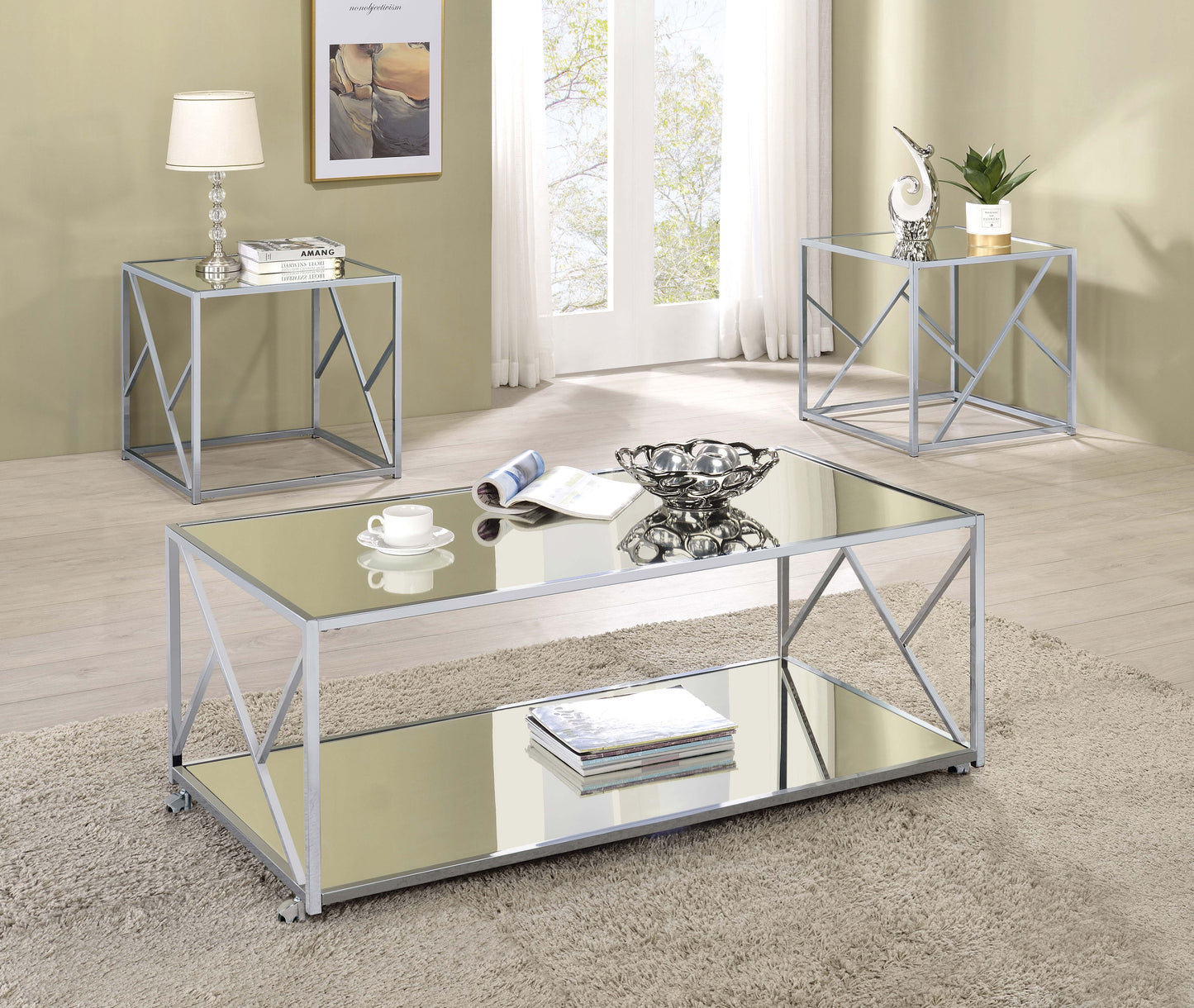 Provins Coffee and End Table Set Mirror and Chrome
