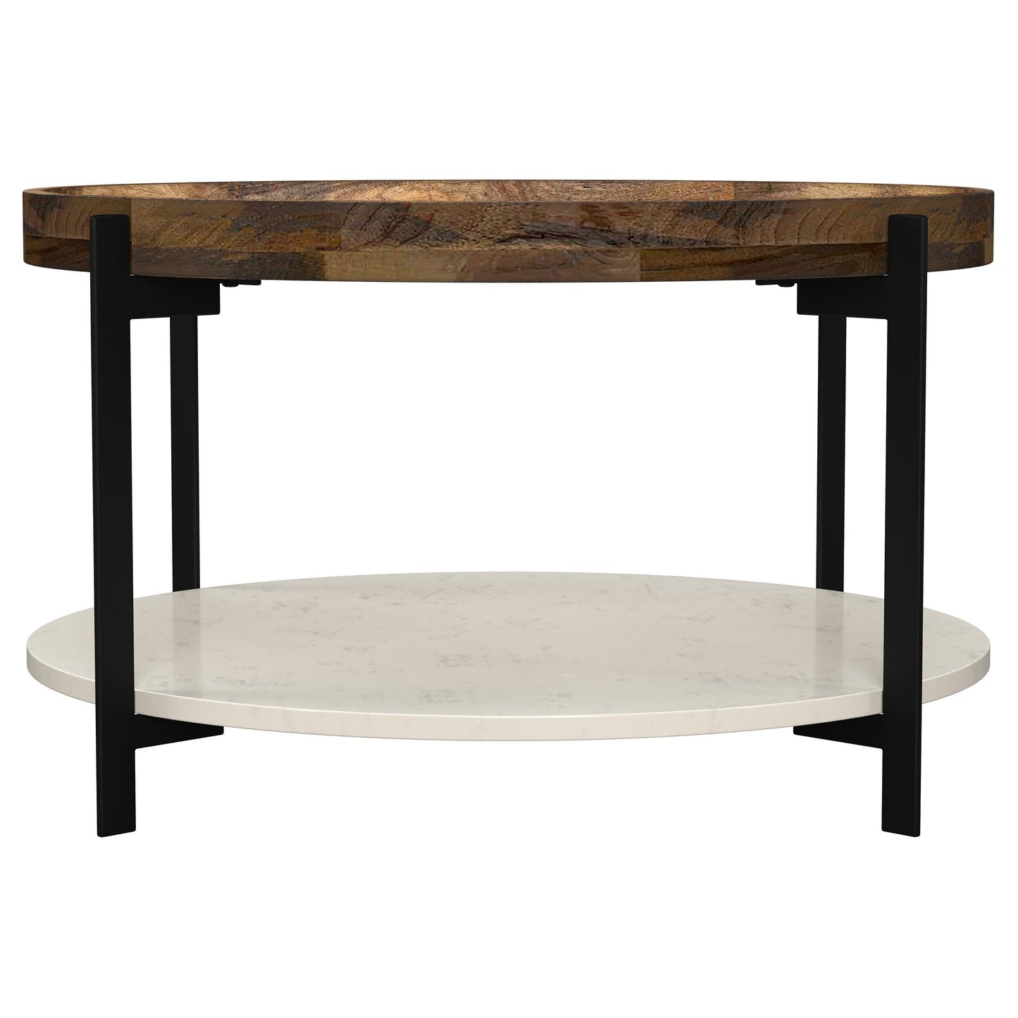 Mesa de centro Adhvik con estante de mármol y tapa redonda de madera natural