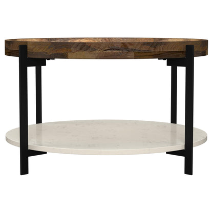 Mesa de centro Adhvik con estante de mármol y tapa redonda de madera natural