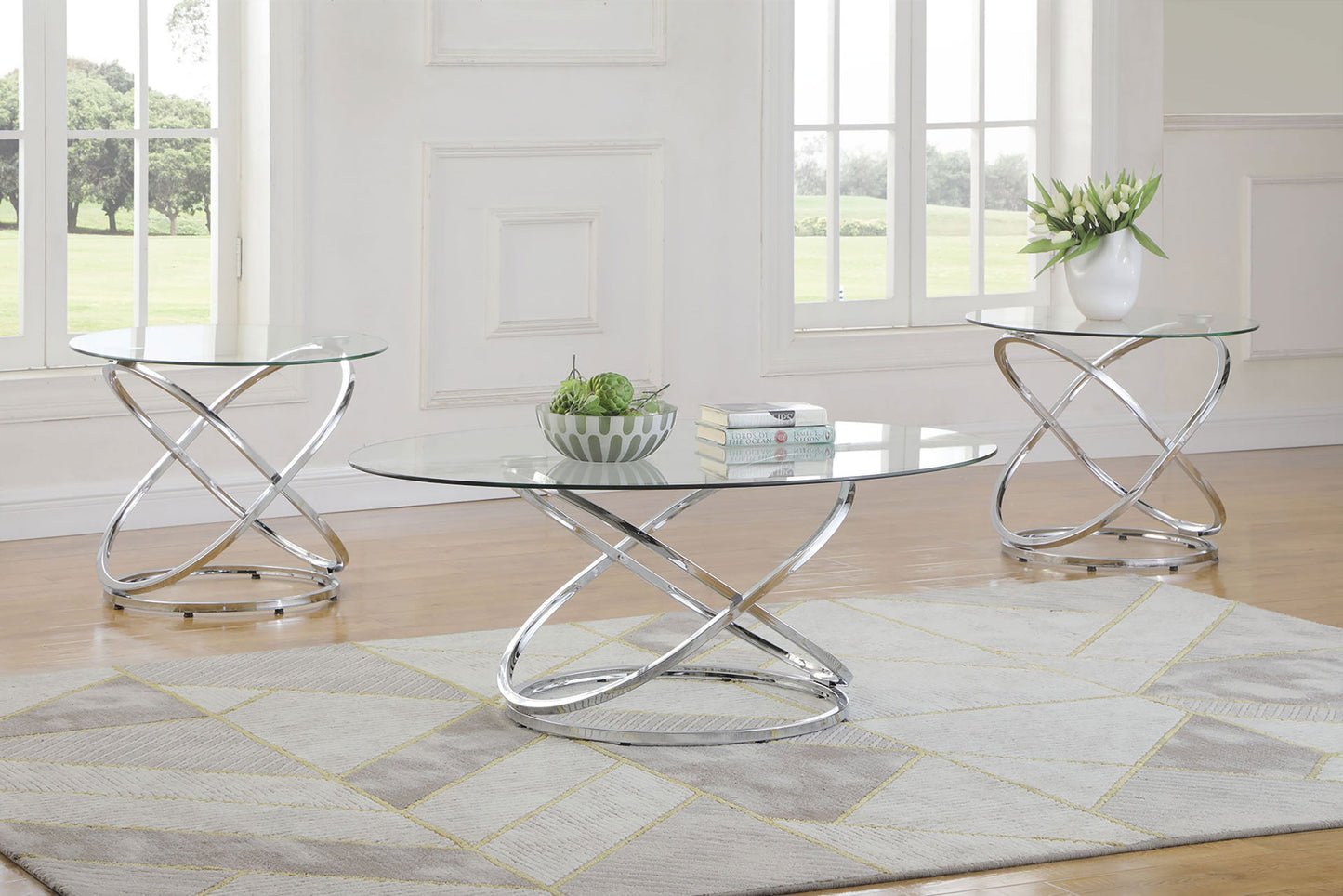 Warren Oval Glass Top Coffee Table Set Chrome