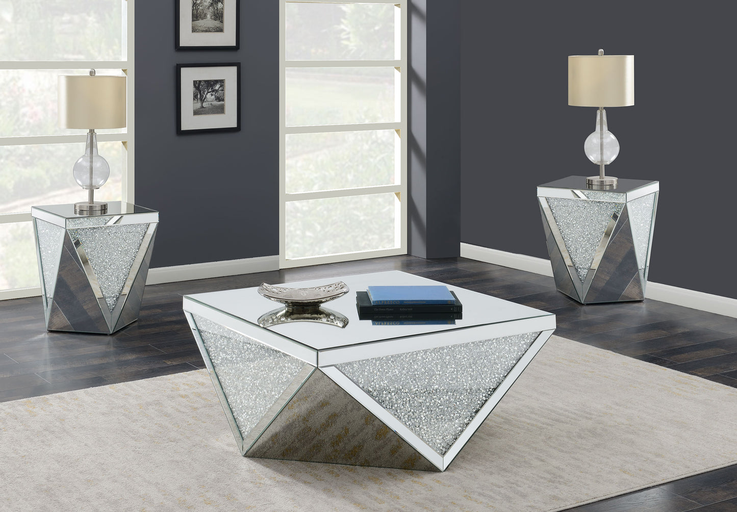 Amore Mirrored Coffee and End Table Set Silver