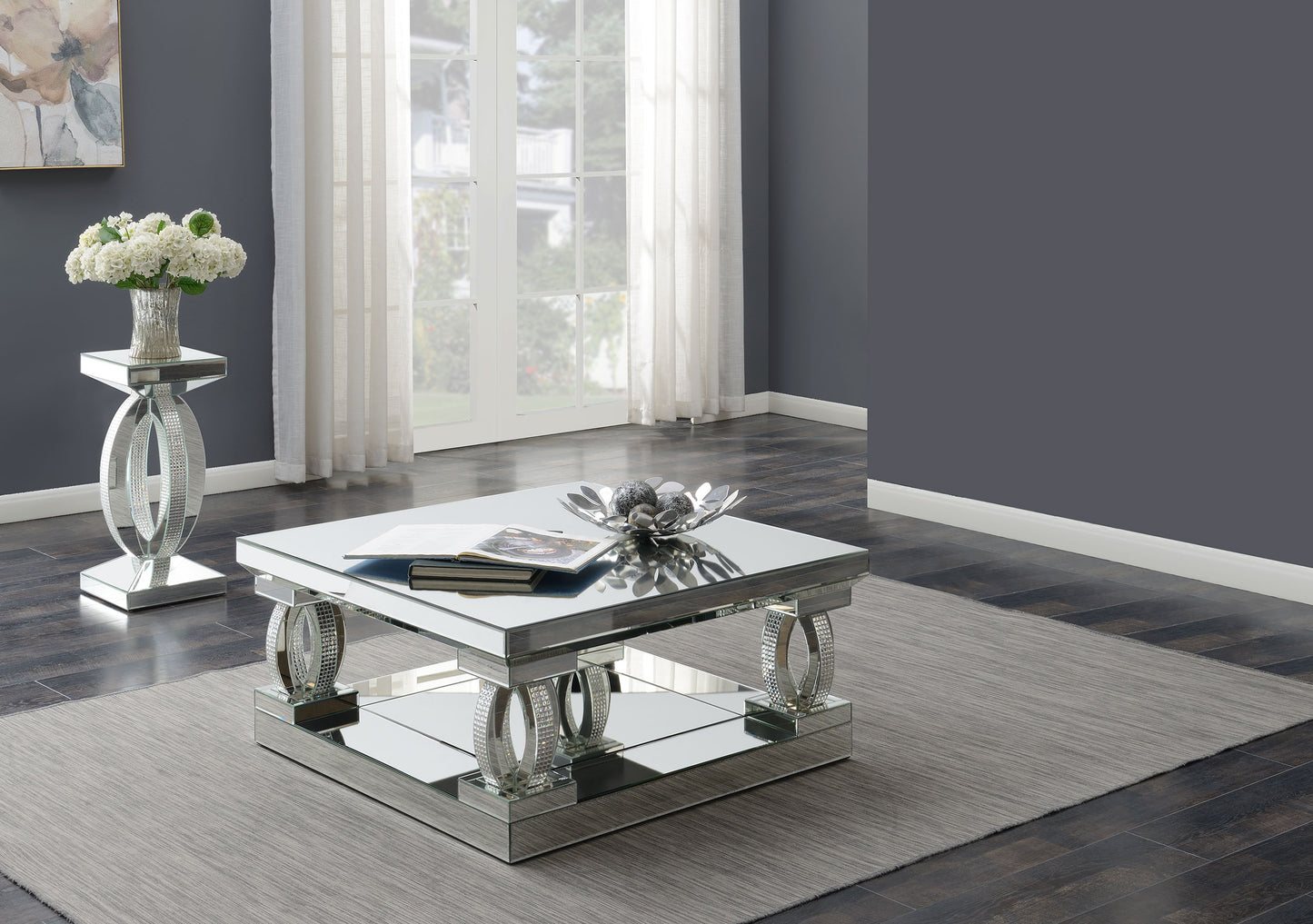Amalia  Mirrored Coffee and End Table Set Silver
