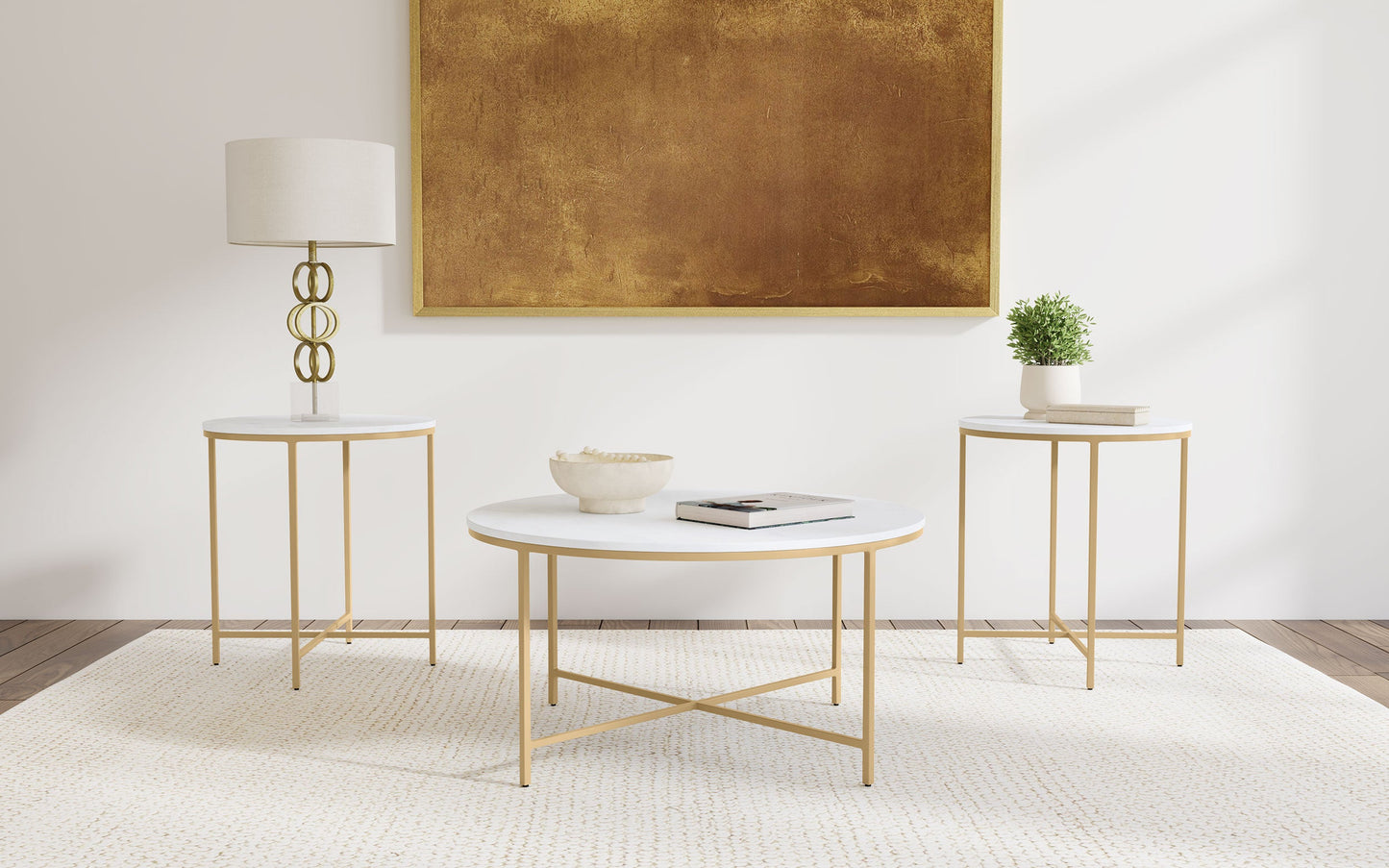 Ellison Round Marble Coffee and End Table Set White