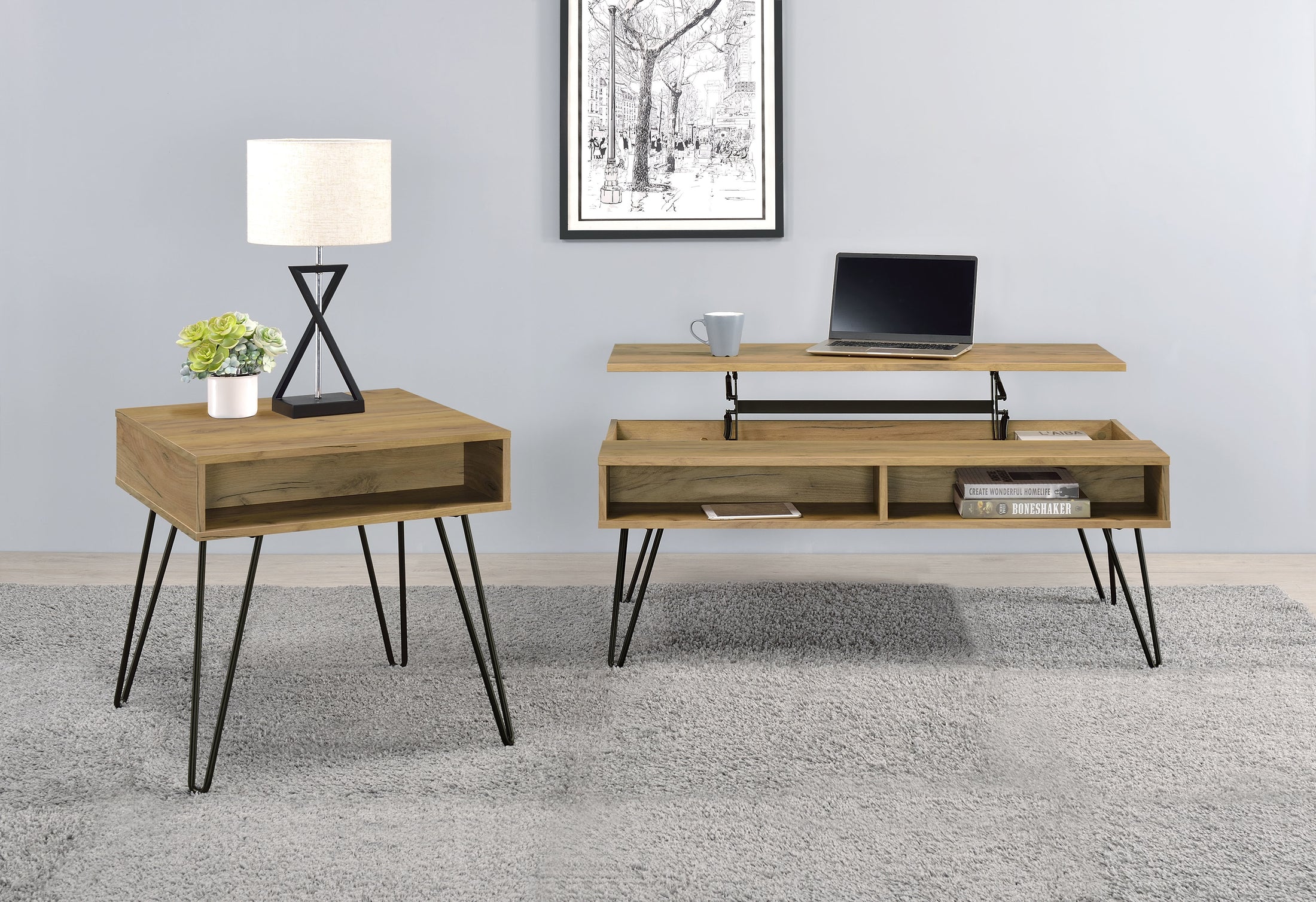 Fanning Lift Top Coffee and End Table Set Golden Oak