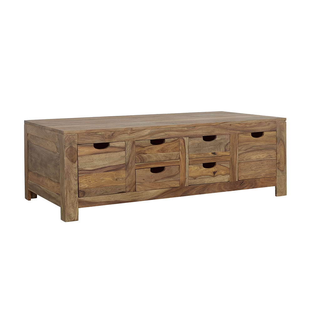 Mesa de centro Esther de madera maciza de sheesham natural con 6 cajones