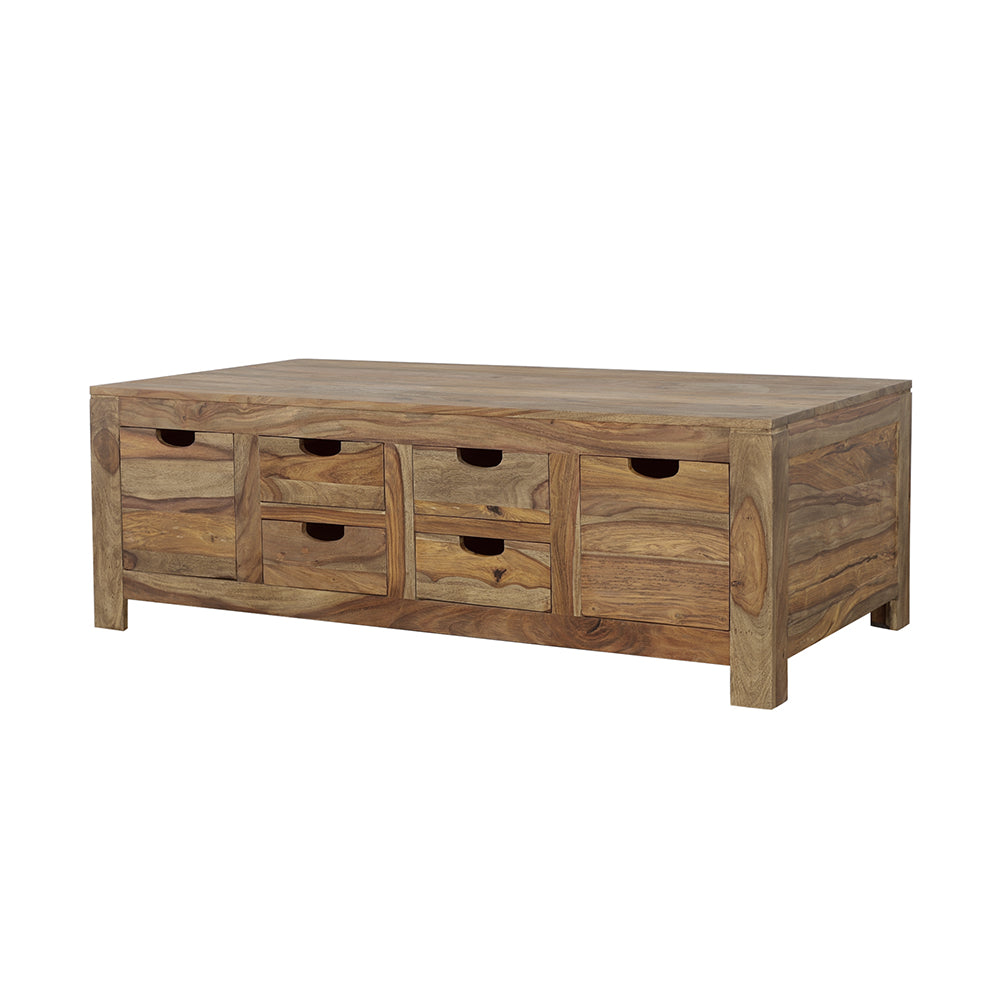 Mesa de centro Esther de madera maciza de sheesham natural con 6 cajones