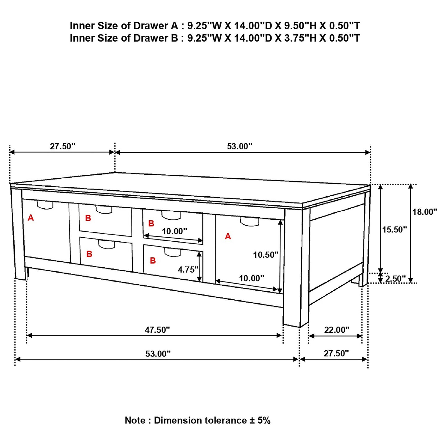 Mesa de centro Esther de madera maciza de sheesham natural con 6 cajones
