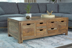 Mesa de centro Esther de madera maciza de sheesham natural con 6 cajones