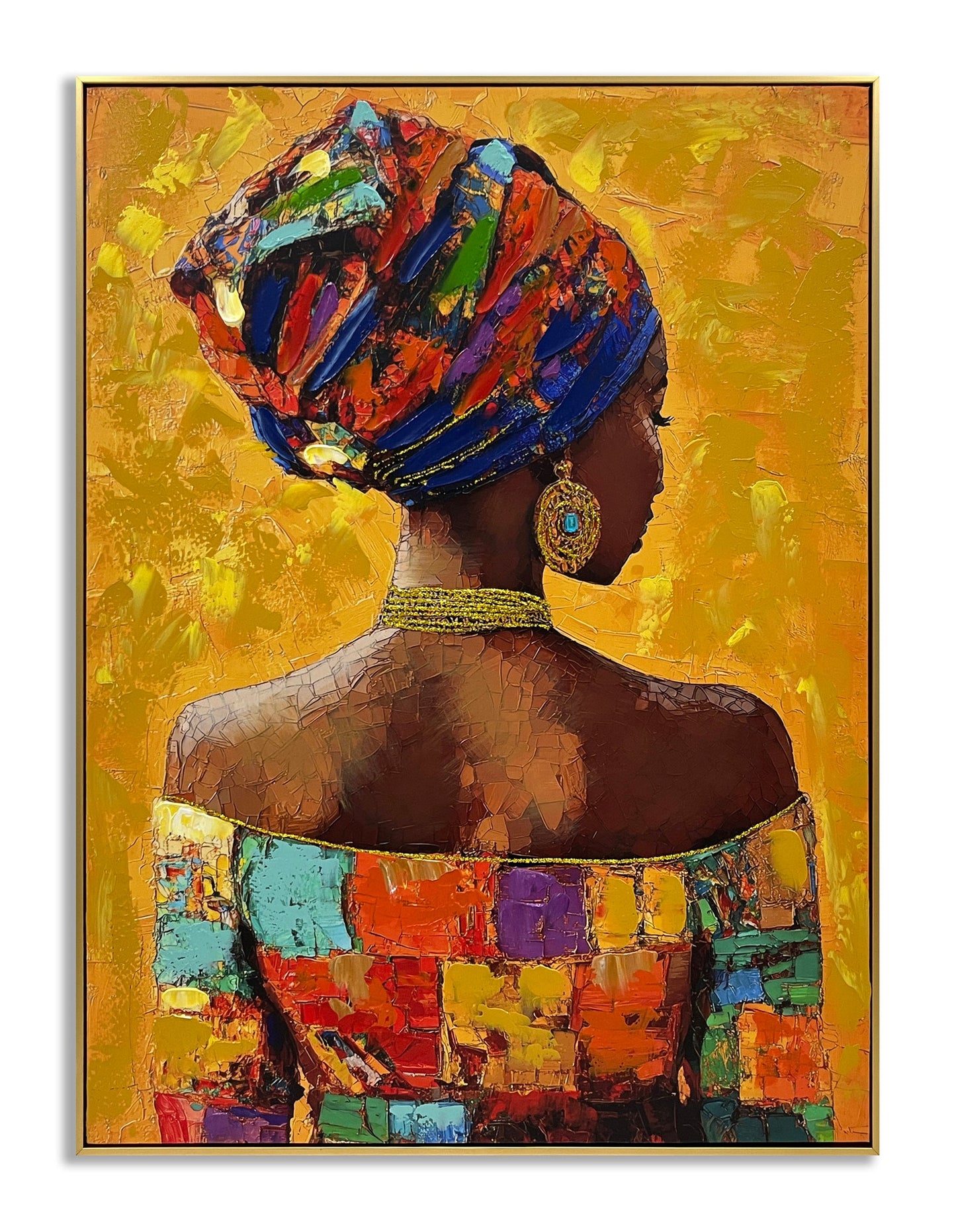 ''African Lady on Orange I'' Hand-painted Canvas in Frame