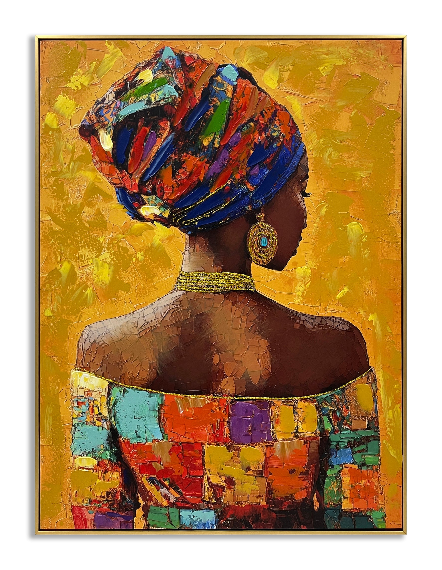 ''African Lady on Orange I'' Hand-painted Canvas in Frame