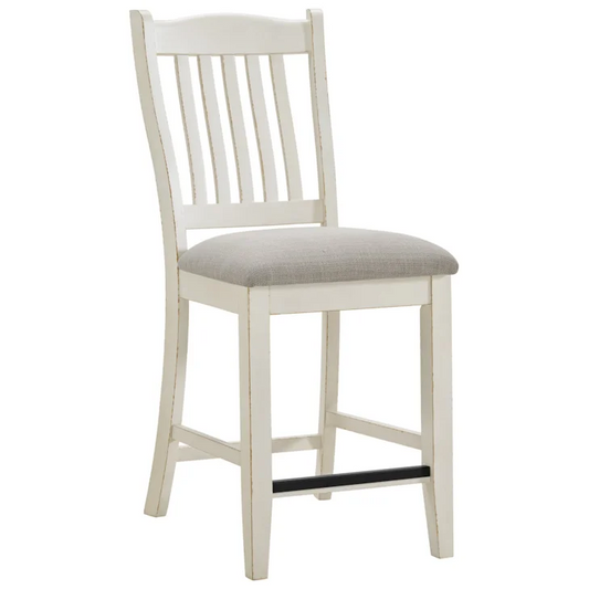 Bellevue Slat Back Counter Side Chair with Beige Fabric in Antique White