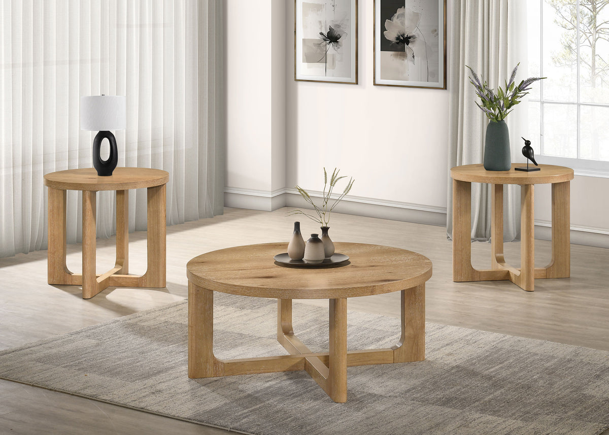 Kessler 3-piece Round Sculptural Wood Coffee Table Set Light Oak