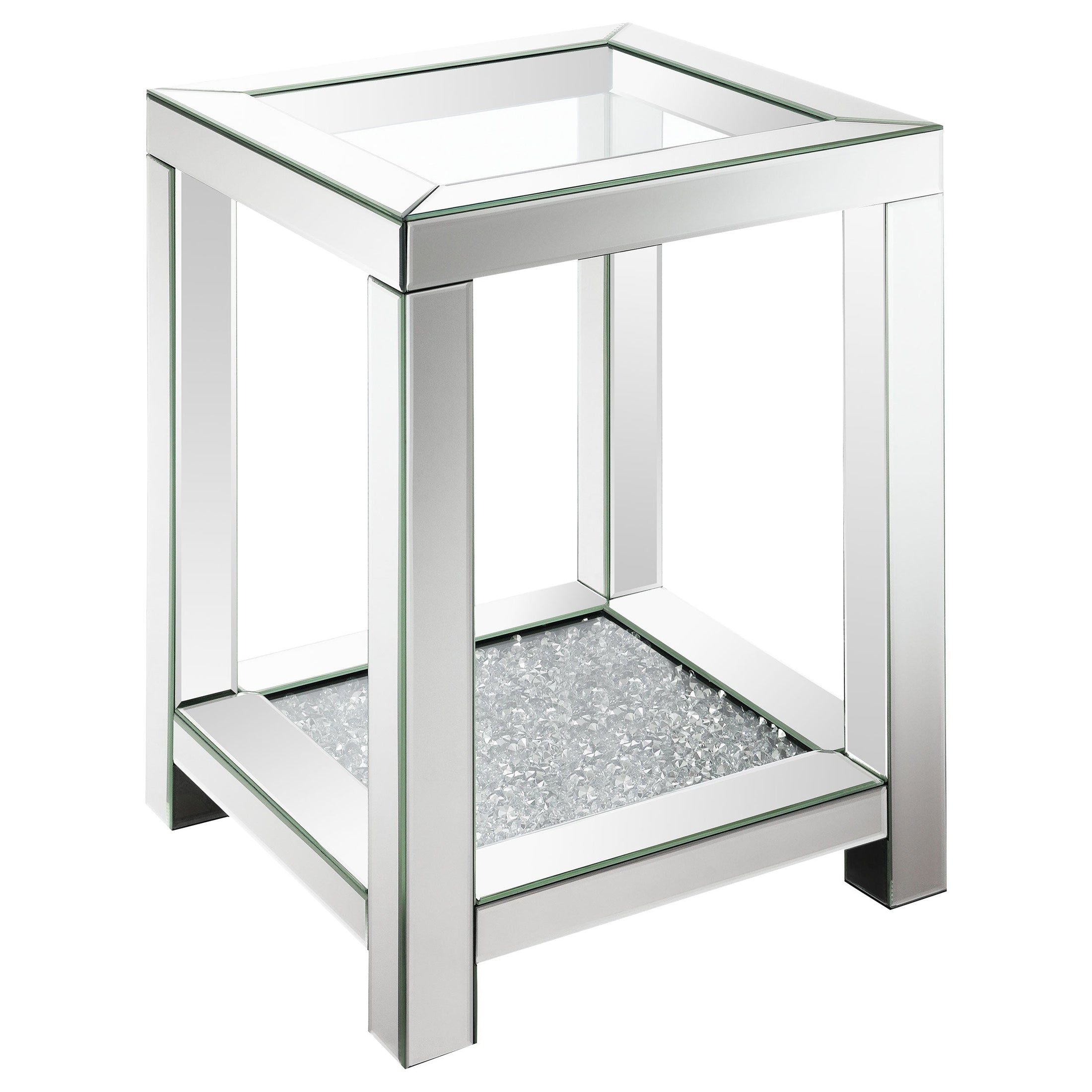 Mesa auxiliar Valentina de 1 estante con tapa de vidrio cuadrada, color plateado