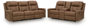 Mackmenville Caramel Reclining Sofa and Reclining Loveseat with Console