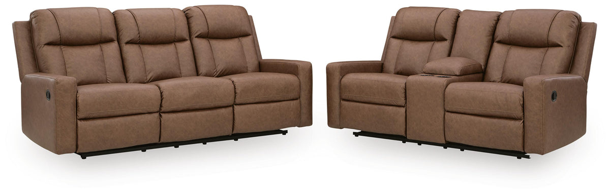 Mackmenville Caramel Reclining Sofa and Reclining Loveseat with Console