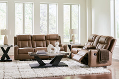 Mackmenville Caramel Reclining Sofa and Reclining Loveseat with Console