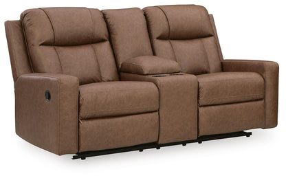 Mackmenville Caramel Reclining Sofa and Reclining Loveseat with Console