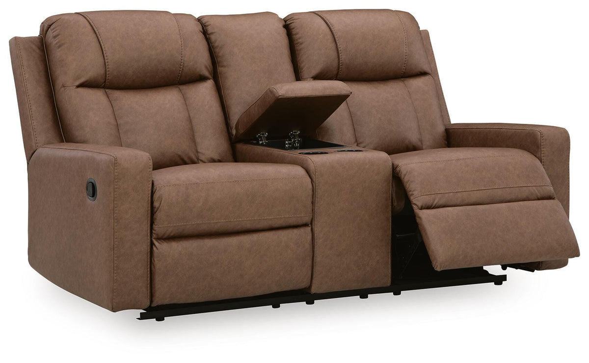 Mackmenville Caramel Reclining Sofa and Reclining Loveseat with Console