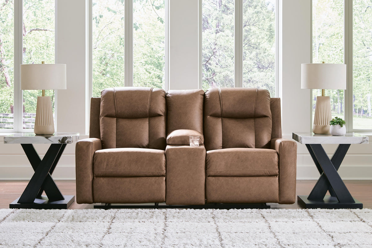 Mackmenville Caramel Reclining Sofa and Reclining Loveseat with Console