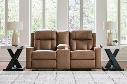 Mackmenville Caramel Reclining Sofa and Reclining Loveseat with Console